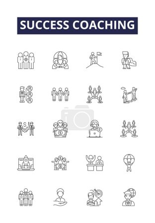 Illustration for Success coaching line vector icons and signs. Aspiration, Attainment, Betterment, Coaching, Development, Drive, Education, Excellence vector outline illustration set - Royalty Free Image