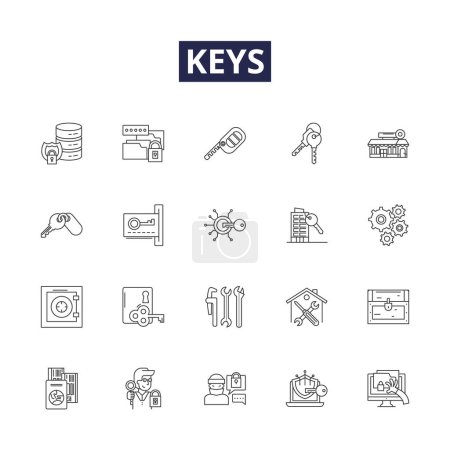 Illustration for Keys line vector icons and signs. keyring, security, open, unlock, door, ignition, cylinder, safe vector outline illustration set - Royalty Free Image