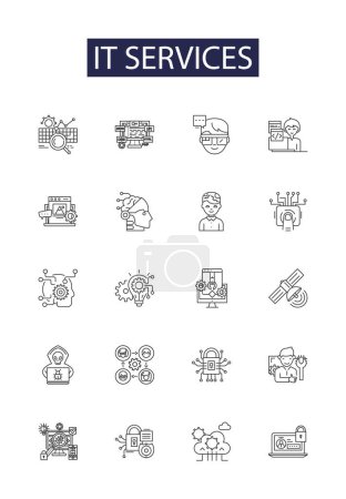 It services line vector icons and signs. Services, Consulting, Support, Network, Security, Integration, Outsourcing, Maintenance vector outline illustration set