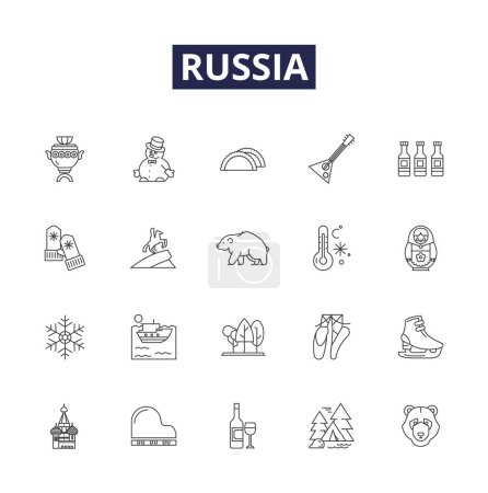 Ilustración de Rusia línea vectorial iconos y signos. Moscú, URSS, Kremlin, Sputnik, zarista, guerra fría, Siberia, esquema vectorial soviético conjunto de ilustración - Imagen libre de derechos
