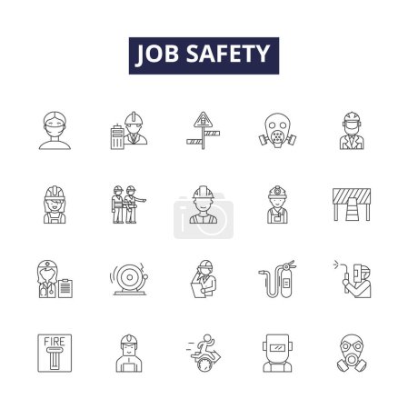 Illustration for Job safety line vector icons and signs. Avoidance, Awareness, Prevention, Training, Gear, Hazard, Hygiene, Recordkeeping vector outline illustration set - Royalty Free Image
