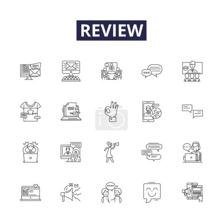 Illustration for Review line vector icons and signs. Analysis, Assess, Assay, Inspect, Scrutinise, Consider, Check, Comment vector outline illustration set - Royalty Free Image