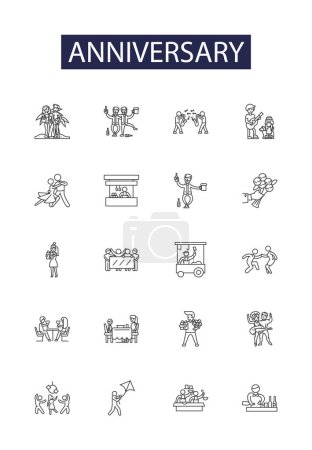 Illustration for Anniversary line vector icons and signs. Commemoration, Milestone, Remembrance, Jubilee, Reunion, Homage, Marker, Feat vector outline illustration set - Royalty Free Image