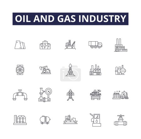 Illustration for Oil and gas industry line vector icons and signs. Gas, Industry, Exploration, Production, Refining, Drilling, Exploration, Conglomerate vector outline illustration set - Royalty Free Image