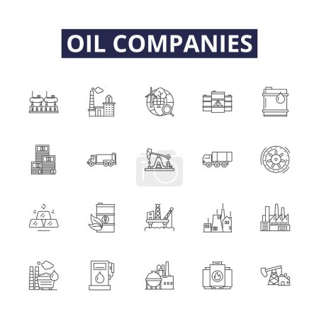 Téléchargez les illustrations : Les compagnies pétrolières alignent des icônes vectorielles et des signes. Oilfield, BP, ExxonMobil, Chevron, Shell, ConocoPhillips, Occidental, Reliance vector outline illustration set - en licence libre de droit
