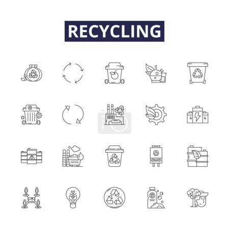 Ilustración de Iconos y signos vectoriales de línea de reciclaje. Reutilizar, Upcycle, Reducir, Salvamento, Reutilizar, Compost, Reloop, Reclaim vector outline illustration set - Imagen libre de derechos