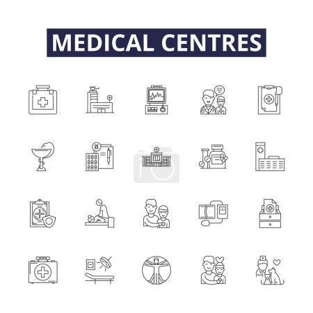 Illustration for Medical centres line vector icons and signs. Hospitals, Practices, Nurses, Surgeries, Infirmaries, Doctors, Medicos, Care vector outline illustration set - Royalty Free Image