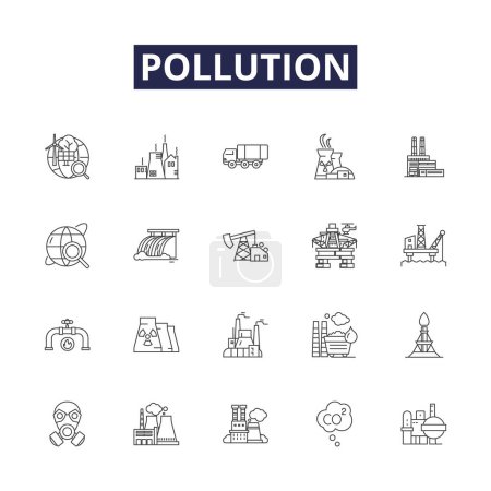 Téléchargez les illustrations : Icônes et signes vectoriels de ligne de pollution. Stench, Exhaust, Fumes, Gaz, Smog, Debris, Poisons, Toxins vector outline illustration set - en licence libre de droit