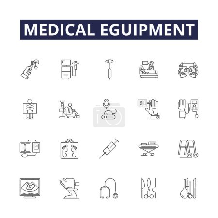 Illustration for Medical eguipment line vector icons and signs. Equipment, Stethoscope, X-ray, MRI, Diagnostic, Thermometer, ECG, Syringe vector outline illustration set - Royalty Free Image