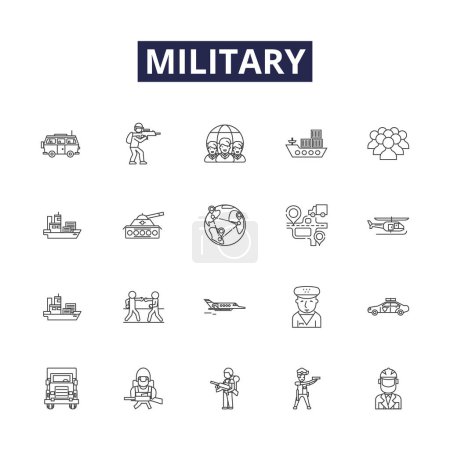 Illustration for Military line vector icons and signs. navy, marines, airforce, air-defense, warfare, infantry, weapon, combat vector outline illustration set - Royalty Free Image
