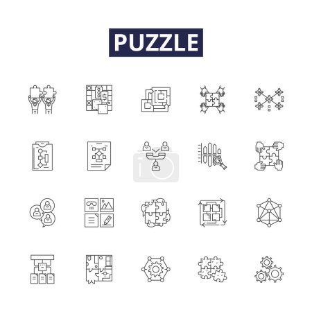 Illustration for Puzzle line vector icons and signs. Brainteaser, Jigsaw, Game, Search, Conundrum, Jolly, Inquiry, Cipher vector outline illustration set - Royalty Free Image