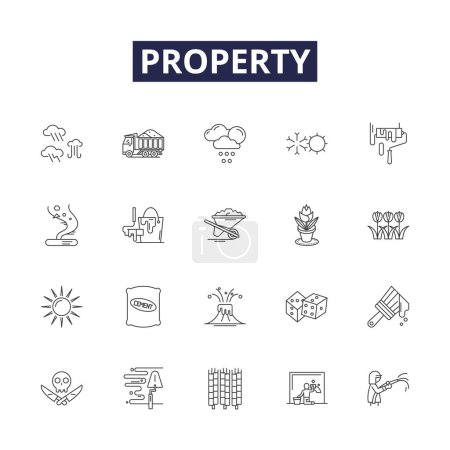 Illustration for Property line vector icons and signs. Land, Estate, Possession, Acquisition, Asset, Dominion, Holdings, Residence vector outline illustration set - Royalty Free Image