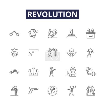 Illustration for Revolution line vector icons and signs. Rebellion, Overthrow, Change, Alteration, Revolt, Metamorphosis, Renewal, Conversion vector outline illustration set - Royalty Free Image