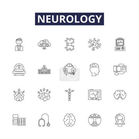 Illustration for Neurology line vector icons and signs. Synapses, Neurotransmitters, Brain, Spine, Nerves, Tremors, Strokes, Epilepsy vector outline illustration set - Royalty Free Image