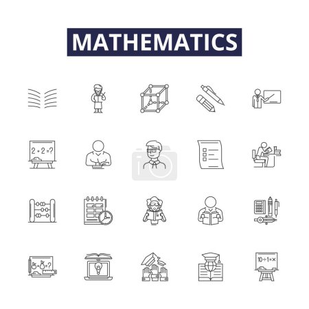 Illustration for Mathematics line vector icons and signs. Algebra, Arithmetic, Geometry, Number, Equation, Polynomial, Trigonometry, Graph vector outline illustration set - Royalty Free Image