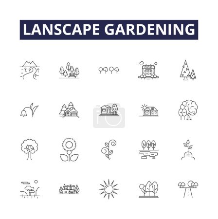 Illustration for Lanscape gardening line vector icons and signs. gardening, plants, shrubs, trees, lawns, flowerbeds, borders, walkways vector outline illustration set - Royalty Free Image
