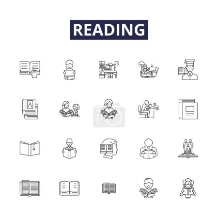 Illustration for Reading line vector icons and signs. Books, Literature, Novels, Texts, Comprehension, Stories, Magazines, Study vector outline illustration set - Royalty Free Image