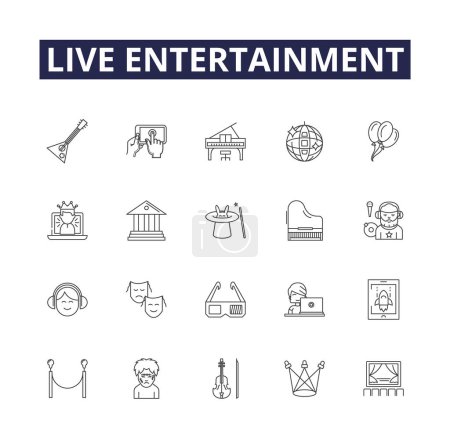 Illustration for Live entertainment line vector icons and signs. Music, Performance, Dance, Comedy, Concert, Theatre, Band, Act vector outline illustration set - Royalty Free Image