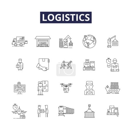 Illustration for Logistics line vector icons and signs. Logistics, Delivery, Freight, Transport, Fleet, Warehousing, Supply, Packaging vector outline illustration set - Royalty Free Image
