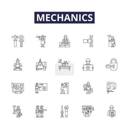 Illustration for Mechanics line vector icons and signs. Repair, Maintenance, System, Restoration, Auto, Automotive, Dynamics, Analysis vector outline illustration set - Royalty Free Image