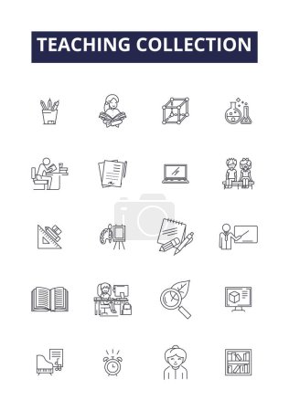Illustration for Teaching collection line vector icons and signs. Tutoring, Educating, Guiding, Schooling, Coaching, Lecturing, Mentoring, Examining vector outline illustration set - Royalty Free Image