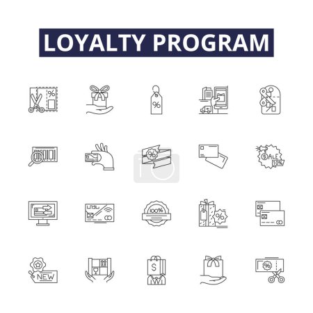 Illustration for Loyalty program line vector icons and signs. Program, Rewards, Membership, Benefits, Discounts, Purchase, Customer, Reward vector outline illustration set - Royalty Free Image