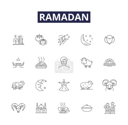 Téléchargez les illustrations : Icônes et signes vectoriels de la ligne Ramadan. Jeûne, Islam, Prière, Mois, Coran, Jeûne, Charité, Schéma vectoriel spirituel illustration - en licence libre de droit