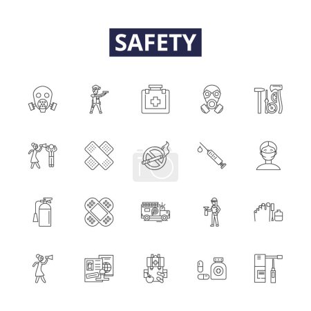 Illustration for Safety line vector icons and signs. Cautious, Alert, Reliable, Vigilant, Protector, Guarded, Secure, Robust vector outline illustration set - Royalty Free Image