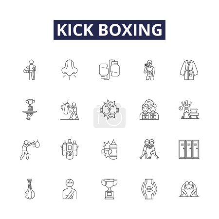 Illustration for Kick boxing line vector icons and signs. Pummeling, Striking, Punching, Sparring, Jabbing, Kicking, Uppercuts, Knocking vector outline illustration set - Royalty Free Image