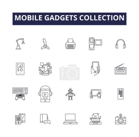 Illustration for Mobile gadgets collection line vector icons and signs. Tablets, Wearables, Chargers, Cables, Covers, Batteries, Adapters, Docks vector outline illustration set - Royalty Free Image