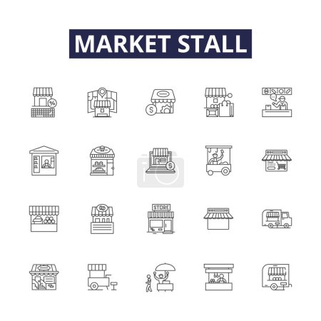 Illustration for Market stall line vector icons and signs. Market, Vendor, Goods, Shopping, Trade, Bazaar, Retail, Sale vector outline illustration set - Royalty Free Image