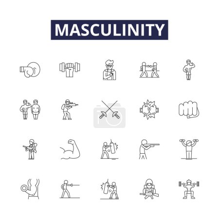 Illustration for Masculinity line vector icons and signs. Strength, Toughness, Aggression, Courage, Competitiveness, Resilience, Provider, Protector vector outline illustration set - Royalty Free Image