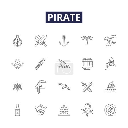 Illustration for Pirate line vector icons and signs. Robber, Buccaneer, Seafarer, Plunder, Scallywag, Harbour, Galleon, Loot vector outline illustration set - Royalty Free Image