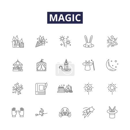 Téléchargez les illustrations : Icônes et signes vectoriels de ligne magique. magie, miracle, surnaturel, mystique, sorcellerie, merveille, sorcellerie, mysticisme vectoriel illustration ensemble - en licence libre de droit