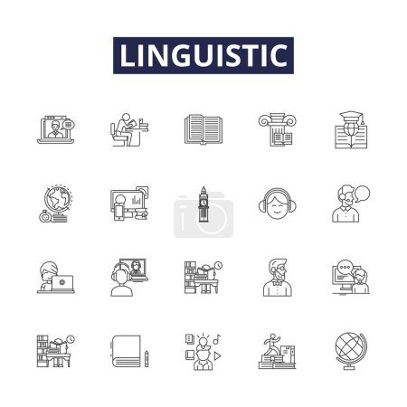 Illustration for Linguistic line vector icons and signs. Grammar, Semantics, Syntax, Morphology, Phonetics, Phonology, Dialects, Conversational vector outline illustration set - Royalty Free Image