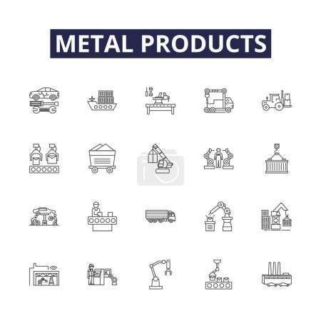 Illustration for Metal products line vector icons and signs. products, steel, fabricated, alloy, casting, aluminum, brass, copper vector outline illustration set - Royalty Free Image