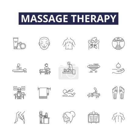 Illustration for Massage therapy line vector icons and signs. Therapy, Relaxation, Soothing, Stress-relief, Muscular, Tissue, Swedish, Shiatsu vector outline illustration set - Royalty Free Image