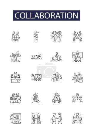 Illustration for Collaboration line vector icons and signs. Synergy, Partnership, Joint-effort, Unison, Alliance, Teaming, Networking, Comradery vector outline illustration set - Royalty Free Image