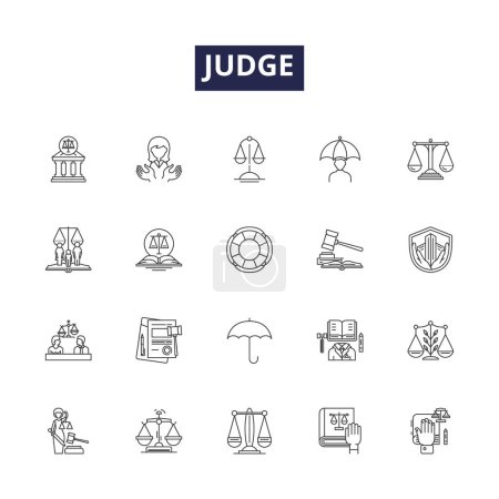 Illustration for Judge line vector icons and signs. Decide, Assess, Umpire, Adjudge, Dictate, Juggle, Preside, Rule vector outline illustration set - Royalty Free Image