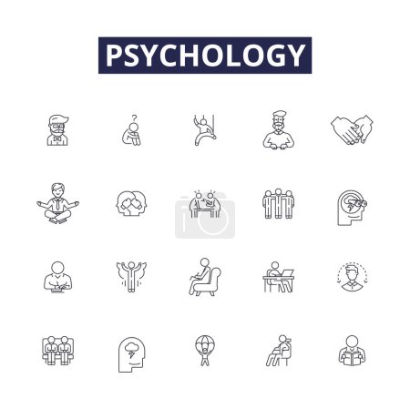 Psicología línea vectorial iconos y signos. Mente, Comportamiento, Cerebro, Cognitivo, Psicoanálisis, Desarrollo, Social, Neuropsicología vector esquema ilustración conjunto