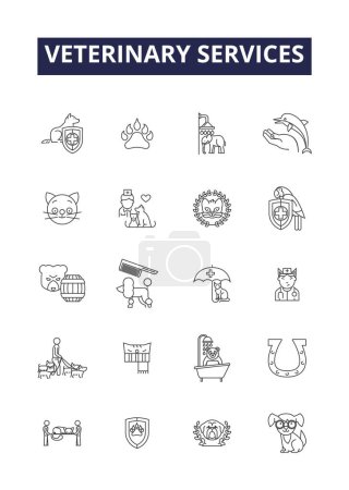Illustration for Veterinary services line vector icons and signs. Veterinary, Care, Clinic, Services, Treatments, Wellness, Surgery, Emergency vector outline illustration set - Royalty Free Image