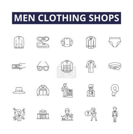 Illustration for Men clothing shops line vector icons and signs. Apparel, Garments, Menswear, Fashions, Clothing, Suits, Slacks, Shirts vector outline illustration set - Royalty Free Image