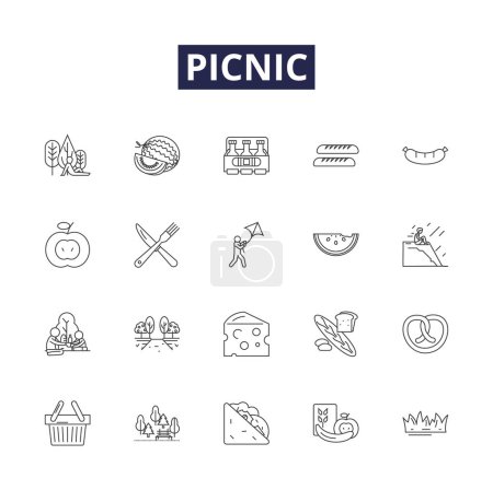 Illustration for Picnic line vector icons and signs. Fun, Enjoyment, Gathering, Food, Games, BBQ, Park, Nature vector outline illustration set - Royalty Free Image