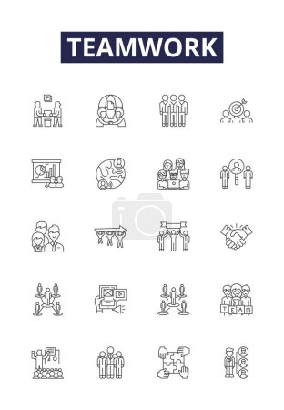 Illustration for Teamwork line vector icons and signs. Cooperation, Unity, Synergy, Ally, Bond, Harmonious, Joint, League vector outline illustration set - Royalty Free Image