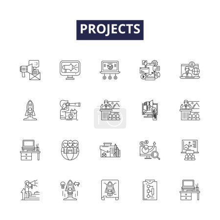 Illustration for Projects line vector icons and signs. Implement, Create, Manage, Execute, Design, Developing, Construct, Developed vector outline illustration set - Royalty Free Image