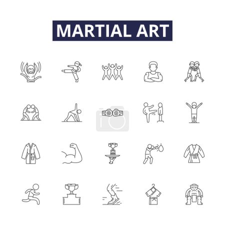 Téléchargez les illustrations : Icônes et signes vectoriels de ligne d'art martial. Kung-Fu, Judo, Aïkido, Tae-Kwon-Do, Jiu-Jitsu, Muay-Thai, Kickboxing, Taichi jeu d'illustration vectoriel contour - en licence libre de droit