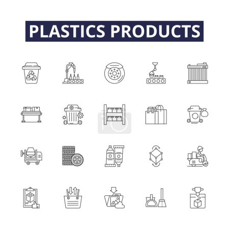Illustration for Plastics products line vector icons and signs. Products, Containers, Bags, Packaging, Tubes, Pipes, Toys, Moulding vector outline illustration set - Royalty Free Image