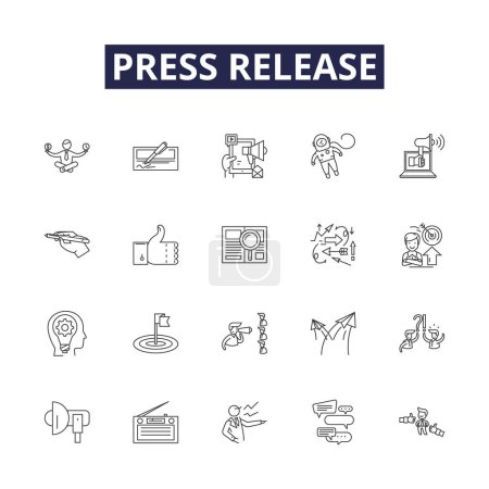 Illustration for Press release line vector icons and signs. Release, Announcement, Bulletin, Media, News, Update, Story, Declaration vector outline illustration set - Royalty Free Image