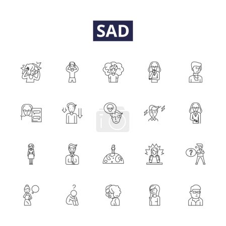 Illustration for Sad line vector icons and signs. gloomy, melancholic, sorrowful, despairing, mournful, desolate, frustrated, hurt vector outline illustration set - Royalty Free Image