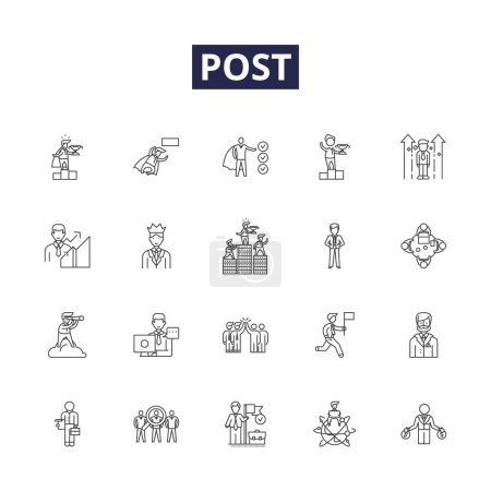 Illustration for Post line vector icons and signs. Package, Box, Stamp, Delivery, Dispatch, Office, Card, Service vector outline illustration set - Royalty Free Image